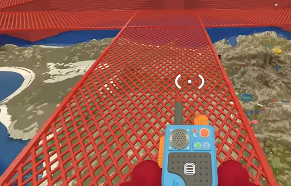 Red walkway above the island-scale 3D model inside the Map Room