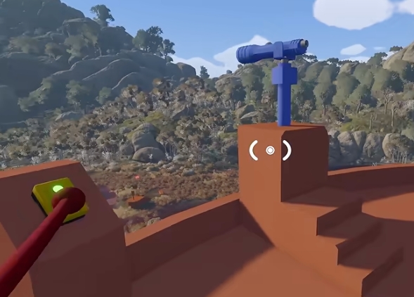 Blue spyglass and button platform facing the remote hillside